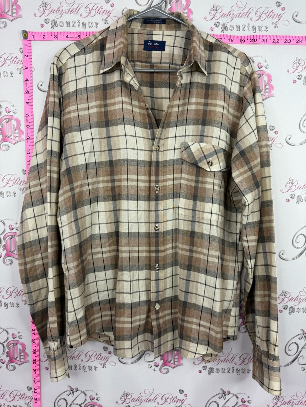 Arrow fireside shirt Men's Cream and Brown Plaid Button-Down Shirt